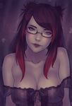  bare_shoulders blue_eyes breasts cleavage collarbone final_fantasy final_fantasy_xiv glasses hyur large_breasts long_hair looking_at_viewer mole mole_under_mouth off_shoulder solo soranamae 