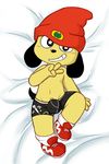  beanie boxer_briefs bulge canine clothed clothing cub dog grin hat legwear looking_at_viewer low-riding lying male mammal navel on_back oob parappa_the_rapper pinup pose sneakers socks solo star_eyes topless underwear v-sign video_games young 