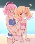  :o ? aikatsu!_(series) aikatsu_stars! akeyama asymmetrical_bangs bangs bare_arms bare_shoulders beach blonde_hair blue_eyes blue_swimsuit blush day eyebrows_visible_through_hair flat_chest frilled_swimsuit frills full-face_blush grabbing grabbing_from_behind gradient_hair leaning_on_object looking_at_another looking_back looking_down medium_hair midriff multicolored_hair multiple_girls navel nijino_yume orange_eyes parasol parted_lips pink_hair pink_swimsuit ponytail sakuraba_rola sand scrunchie sexually_suggestive swept_bangs swimsuit table twintails umbrella water yuri 