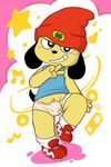  beanie briefs bulge canine clothing cub dog grin hat legwear looking_at_viewer low-riding male mammal naughty_face on_one_leg oob parappa_the_rapper pinup pose shirt sneakers socks solo standing star_eyes tank_top underwear v_sign video_games young 