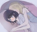  bangs bare_shoulders black_hair blonde_hair blue_eyes blush closed_eyes figurehead_(figurehead67) full-face_blush holding_hands hug hug_from_behind lillie_(pokemon) long_hair lying mizuki_(pokemon) multiple_girls pillow pokemon pokemon_(game) pokemon_sm shirt short_hair short_sleeves sketch sleeping sleeveless spooning swept_bangs yuri 