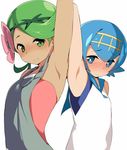  arm_up armpit_docking armpits blue_eyes blue_hair blue_sailor_collar blush dark_skin flower green_eyes green_hair hair_flower hair_ornament hairband mao_(pokemon) multiple_girls overalls pokemon pokemon_(game) pokemon_sm sailor_collar short_hair simple_background sleeveless suiren_(pokemon) tera_zip white_background 