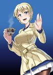  absurdres blonde_hair blue_sky blush cup darjeeling dragoncastle eyebrows_visible_through_hair girls_und_panzer highres jacket open_mouth sky solo teacup teeth 