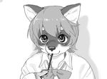  anthro black_nose blush bow_tie canine clothed clothing dog eyebrows female fur hair kikurage looking_at_viewer mammal monochrome nails pawpads pocky school_uniform shadow shirt short_hair simple_background solo sweater uniform white_background 