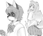  anthro black_nose blush bow_tie canine clothed clothing dog eyebrows female fur group hair japanese_text kikurage long_ears long_hair mammal monochrome open_mouth ribbons school_uniform shirt short_hair simple_background skirt sweater text translation_request uniform v_sign white_background 