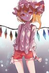  alternate_costume blonde_hair bow chromatic_aberration crystal fang flandre_scarlet hat hat_bow looking_at_viewer mob_cap open_mouth pokan_(xz1128) red_eyes red_shorts shirt short_hair shorts side_ponytail solo standing suspender_shorts suspenders touhou white_shirt wings wrist_cuffs 