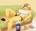  2016 anthro baltomutt beverage big_breasts black_nose breasts brown_hair brown_pawpads canine cleavage clothed clothing controller dog eating eyes_closed female food fur hair hindpaw inside lying mammal on_back panties pawpads paws pepsi pizza remote_control short_hair slightly_chubby soda sofa solo teeth underwear yellow_fur 