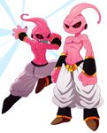  2015 absurd_res action_pose athletic black_pupils black_sclera bracelet butt clothed clothing dragon_ball dragon_ball_z energy footwear front_view frown green_tongue hi_res humanoid jewelry kid_buu looking_at_viewer looking_back majin majin_buu male monster multiple_poses pecs pink_body pose rear_view red_eyes sharp_teeth shoes simple_background smile smirk solo sssonic2 standing teeth tendrils tongue tongue_out topless white_background 