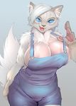  2016 anthro areola baltomutt big_breasts black_nose blue_eyes breasts cat cleavage clothed clothing fangs feline female fur grey_fur hair hi_res looking_at_viewer mammal nipples open_mouth pawpads pink_pawpads short_hair smile solo teeth white_fur white_hair wide_hips 