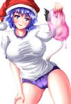  alternate_costume ass_visible_through_thighs bangs blue_eyes blue_hair blush breasts buruma cameltoe collarbone commentary_request cowboy_shot doremy_sweet dream_soul gym_uniform hat highres large_breasts looking_at_viewer nightcap parted_lips puffy_short_sleeves puffy_sleeves shirt short_hair short_sleeves smile smug solo tail tapir_tail taut_clothes taut_shirt touhou zan_(harukahime) 