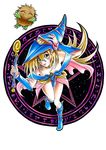  1girl artist_request bare_legs bare_shoulders blonde_hair boots breasts choker cleavage dark_magician_girl demon duel_monster female kuriboh large_breasts long_hair looking_at_viewer magical_girl skirt smile traditional_media wizard_hat yu-gi-oh! yuu-gi-ou_duel_monsters 