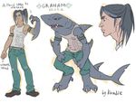  anthro clothed clothing fish hair human kardie male mammal marine model_sheet scar shark solo standing transformation 
