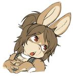  anthro blush bracelet brown_eyes brown_fur brown_hair clothed clothing collar eyebrows female fur hair hare jewelry kikurage lagomorph long_ears long_hair mammal multicolored_fur open_mouth simple_background solo teeth white_background 