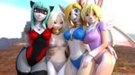  3d_(artwork) ashnar bikini camel_toe clothing digital_media_(artwork) feline group jackalope lagomorph mammal nipple_bulge outside raccoon rodent smile squirrel standing swimsuit wide_hips 