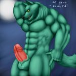  abs anthro balls biceps butt canine dilgear dilgear_(character) english_text erection fur looking_back male mammal manly muscular open_mouth pecs penis pose slayers smile solo standing text thevillager thick_penis thick_thighs wolf 
