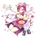  alcohol artist_request bird branch breasts cherry_blossoms choker cleavage cup finger_to_mouth flower full_body hair_flower hair_ornament headdress holding konohana_sakuya_(uchi_no_hime-sama) large_breasts long_hair long_sleeves looking_at_viewer official_art petals pillow pink_eyes pink_hair sakazuki sake sandals_removed seiza sitting solo transparent_background uchi_no_hime-sama_ga_ichiban_kawaii 