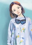  absurdres blue_background brown_eyes brown_hair closed_mouth eyebrows floral_print forehead goggles goggles_around_neck head_tilt highres junjunforever long_sleeves looking_at_viewer no_bangs original realistic shirt short_hair simple_background smile solo white_shirt 
