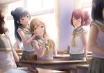  :d ^_^ arm_rest bag bangs black_hair blouse blurry blush brown_eyes brown_hair chair classroom closed_eyes curtains depth_of_field desk flat_chest food grey_skirt hair_bun hands_on_another's_cheeks hands_on_another's_face holding holding_arm indoors kunikida_hanamaru kurosawa_ruby light_particles long_hair looking_at_another love_live! love_live!_sunshine!! miniskirt multiple_girls neckerchief open_mouth out_of_frame papi_(papiron100) parted_lips pleated_skirt purple_eyes red_hair school_bag school_desk school_uniform serafuku short_hair short_sleeves side_bun sitting skirt sleeves_rolled_up smile standing swept_bangs tie_clip tsushima_yoshiko two_side_up uranohoshi_school_uniform wall white_blouse yellow_eyes 