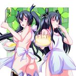  absurdres apron ass black_hair breasts cake food highres long_hair mikado_ryouma multiple_girls naked_apron neptune_(series) noire red_eyes siblings sideboob sisters twintails uni_(choujigen_game_neptune) 