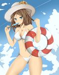  ass_visible_through_thighs blue_eyes blue_sky blush breasts brown_hair cleavage cloud day food girls_und_panzer groin hat highres innertube large_breasts navel nonna olly_(ollycrescent) outdoors popsicle sky solo straw_hat swimsuit thighs 