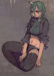  character_request crop_top green_hair highres jacket knife knife_in_head long_hair midriff navel runny_makeup saliva short_shorts shorts sitting solo tearing_up tekito03 thighhighs 