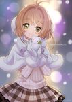  ahoge backlighting bangs blonde_hair blurry blush bokeh cape cardcaptor_sakura character_name closed_mouth cowboy_shot dated depth_of_field earmuffs eyebrows_visible_through_hair frilled_skirt frills fur-trimmed_cape fur-trimmed_gloves fur_trim gloves green_eyes hands_together holding kinomoto_sakura long_sleeves looking_at_viewer morikura_en outdoors plaid plaid_skirt pleated_skirt ribbed_sweater short_hair skirt smile snowing snowman solo standing sweater twitter_username white_cape white_gloves winter 