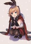  bad_id bad_pixiv_id black_gloves black_legwear brown_hair cape clarisse_(granblue_fantasy) gloves granblue_fantasy hair_ribbon kerorira long_hair pantyhose ponytail ribbon smile solo squatting 