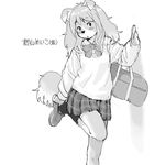  anthro bag black_nose blush bow_tie canine clothed clothing dog female footwear fur hair japanese_text kikurage legwear long_hair mammal monochrome nails open_mouth pawpads school_uniform shirt shoes simple_background skirt socks solo sweater text translation_request uniform white_background 
