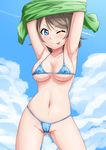  ;p armpits arms_up ass_visible_through_thighs bikini blue_bikini blue_eyes blue_sky blush breasts cameltoe cloud condensation_trail covered_nipples cowboy_shot day highres legs_apart light_brown_hair looking_at_viewer love_live! love_live!_sunshine!! medium_breasts micro_bikini navel o-ring o-ring_top one_eye_closed outdoors sazanami_tarou shiny shiny_skin shirt_lift short_hair skindentation sky smile solo standing string_bikini swimsuit tehepero tongue tongue_out underboob watanabe_you 