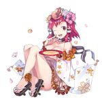  alcohol anklet artist_request breasts choker cleavage cup detached_sleeves dipping floral_print flower full_body hair_flower hair_ornament headdress holding jewelry konohana_sakuya_(uchi_no_hime-sama) large_breasts long_hair looking_at_viewer official_art one_eye_closed open_mouth pink_hair platform_footwear sakazuki sake sandals smile solo transparent_background uchi_no_hime-sama_ga_ichiban_kawaii 