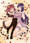  animal_ears babydoll barefoot blush breasts detached_sleeves downscaled hands_on_own_chest highres jpeg_artifacts large_breasts lingerie long_hair md5_mismatch multiple_girls musha_sabu no_shoes petals puffy_detached_sleeves puffy_sleeves purple_hair red_hair resized tail tiger_ears tiger_tail toranoana underwear 
