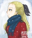  2016 assam black_bow blonde_hair bow character_name dated english girls_und_panzer happy_birthday long_hair mutsu_(layergreen) ponytail profile scarf smile snow solo st._gloriana's_military_uniform winter 