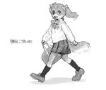  anthro bag black_nose blush bow_tie canine clothed clothing dog eyebrows female footwear fur hair japanese_text kikurage legwear long_ears looking_at_viewer mammal monochrome nails open_mouth pawpads school_uniform shadow shirt shoes short_hair simple_background skirt smile socks sweater text translation_request uniform walking white_background 
