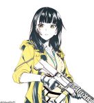  artist_name black_gloves commentary_request echigo_mitsutaka fingerless_gloves girls_frontline gloves gun headset heterochromia jacket looking_at_viewer magazine_(weapon) orange_eyes ro635 ro635_(girls_frontline) solo submachine_gun sweater_vest weapon yellow_eyes 