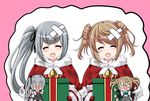 :d ^_^ alternate_costume anger_vein bell blush bow box brown_hair capelet chibi closed_eyes commentary cosplay double_bun gift gift_box hair_bow hair_ribbon kantai_collection kasumi_(kantai_collection) kuma_(kantai_collection) kuma_(kantai_collection)_(cosplay) long_hair looking_at_viewer michishio_(kantai_collection) mittens multiple_girls open_mouth pointing pointing_at_viewer remodel_(kantai_collection) ribbon santa_costume school_uniform side_ponytail silver_hair smile suspenders tk8d32 tsundere twintails waving_arms 