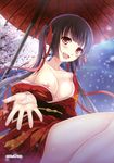 absurdres bare_shoulders black_hair breasts cleavage collarbone eyebrows_visible_through_hair hair_ribbon highres japanese_clothes kimono large_breasts long_hair nipples off_shoulder open_mouth oriental_umbrella original outdoors red_eyes red_kimono red_ribbon ribbon sash shishido_kurou snow solo tree umbrella yukata 