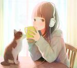  animal bangs blunt_bangs brown_hair cable cat chair closed_mouth coffee_mug commentary_request cup day fingernails headphones highres holding holding_cup long_sleeves looking_at_viewer mug nail_polish nakamura_hinata on_chair original pink_nails sitting sleeves_past_wrists solo sunlight table 