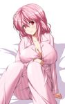  alternate_costume arm_support bangs blush breasts cleavage closed_mouth collarbone highres large_breasts long_sleeves looking_at_viewer nori_tamago pajamas pink_hair red_eyes saigyouji_yuyuko sitting smile solo striped striped_pajamas touhou unbuttoned 