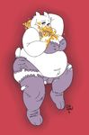  2016 anthro belly big_belly big_breasts boss_monster breasts caprine clothing female fur goat horn long_ears mammal mother navel overweight parent simple_background thick_thighs toriel undertale video_games white_fur 
