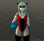  3d_(artwork) anthro ashnar breasts camel_toe clothing digital_media_(artwork) female legwear looking_at_viewer mammal nipple_bulge open_mouth raccoon solo standing swimsuit thigh_highs wide_hips 