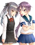  :o akebono_(kantai_collection) blush commentary_request crossed_arms dress flower grey_hair hair_flower hair_ornament hair_ribbon highres kantai_collection kasumi_(kantai_collection) long_hair midriff multiple_girls navel neck_ribbon pinafore_dress pleated_skirt purple_eyes purple_hair remodel_(kantai_collection) ribbon school_uniform serafuku side_ponytail skirt somalisu v-shaped_eyebrows white_background yellow_eyes 