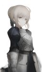  ahoge armor artoria_pendragon_(all) blonde_hair braid breastplate expressionless fate/stay_night fate_(series) faulds french_braid gauntlets grey_eyes gyup hair_bun highres long_sleeves looking_at_viewer puffy_long_sleeves puffy_sleeves saber simple_background solo upper_body white_background 