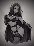  artist_name bra breasts cape cleavage dc_comics fingerless_gloves forehead_jewel garter_belt gloves greyscale iahfy lingerie medium_breasts monochrome panties raven_(dc) short_hair signature solo teen_titans thighhighs toned underwear underwear_only 