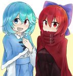  black_shirt blue_eyes blue_hair blue_skirt bow capelet cloak frilled_cuffs hair_bow hand_on_own_chest heterochromia high-waist_skirt high_collar highres long_sleeves multiple_girls open_mouth red_eyes red_hair sekibanki shirt short_hair simple_background skirt tatara_kogasa touhou tyouseki white_background white_shirt 