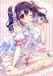  absurdres black_hair blue_wings drill_hair eyebrows_visible_through_hair flower hair_between_eyes hair_flower hair_ornament hair_ribbon hair_twirling highres long_hair looking_at_viewer love_live! love_live!_school_idol_project mitsumomo_mamu one_eye_closed pink_ribbon purple_flower red_eyes ribbon skirt smile solo thigh_strap twin_drills white_ribbon white_skirt wings yazawa_nico 