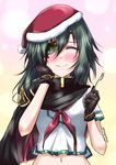  black_gloves blush commentary_request eyepatch fork gloves green_hair hand_on_own_cheek hat kantai_collection kiso_(kantai_collection) long_hair mikage_takashi navel neckerchief remodel_(kantai_collection) santa_hat smile solo upper_body 