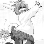  anthro ball baseball_(disambiguation) baseball_bat blush bow_tie canine clothed clothing curled_tail dog eyebrows eyes_closed fangs female fence fur hair happy japanese_text kikurage long_ears mammal monochrome open_mouth pawpads ribbons school_uniform shirt short_hair skirt smile sport sweater teeth text uniform 