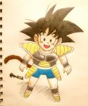  1boy :d armor arms_at_sides black_eyes black_hair blush boots commentary_request dragon_ball dragon_ball_super_broly fingernails full_body happy looking_away male_focus masa_(p-piyo) open_mouth shadow short_hair simple_background smile son_gokuu spiked_hair standing tail twitter_username white_background 