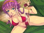  aqua_eyes athena_(series) bikini blue_eyes breasts censored cum cum_on_hair ejaculation facial frown hairband handjob large_breasts long_hair mosaic_censoring navel penis princess_athena purple_hair red_bikini shiny shiny_skin snk solo_focus swimsuit yoko_juusuke 