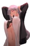  1girl adjusting_hair aitan! ak-12_(girls_frontline) arms_up bangs black_bra bra braid breasts cleavage closed_mouth commentary_request eyebrows_visible_through_hair girls_frontline hand_in_hair highres jacket large_breasts lingerie long_hair long_sleeves looking_at_viewer mouth_hold navel one_eye_closed open_clothes purple_eyes shirt sidelocks silver_hair simple_background solo tying_hair underwear white_background 
